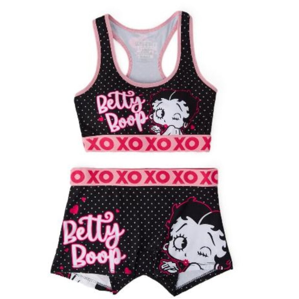 *NEW* BETTY BOOP XOXO Pink & Black Sports Bra & Boy Short Set Size Medium